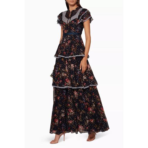 navy blue dress for baby girl Needle & Thread Navy Winter Forest Floral Tier Ruffle Lace Prairie Maxi  Dress 2